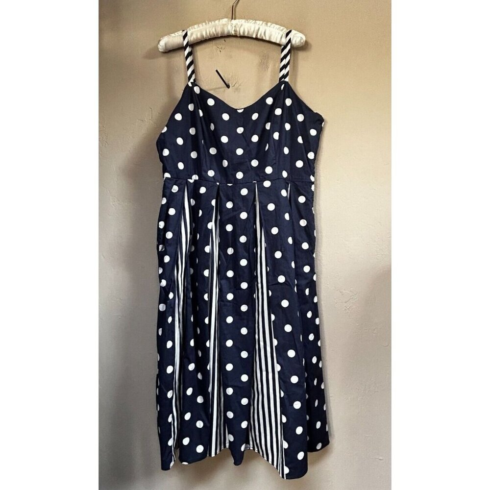 ModCloth Womens Polka Dot & Striped Sleeveless Fit & Flare Midi Dress Sz 14 Blue
